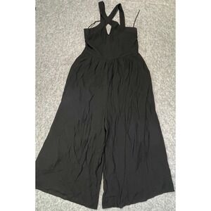 Anthropologie 12 Womens Black Wide Leg Crop Jumpsuit Crisscross Halter NWT